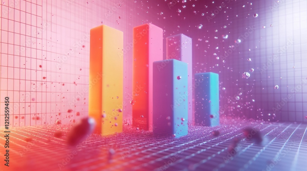 Poster a d bar chart with gradient-colored bars growing from left to right, surrounded by digital particles