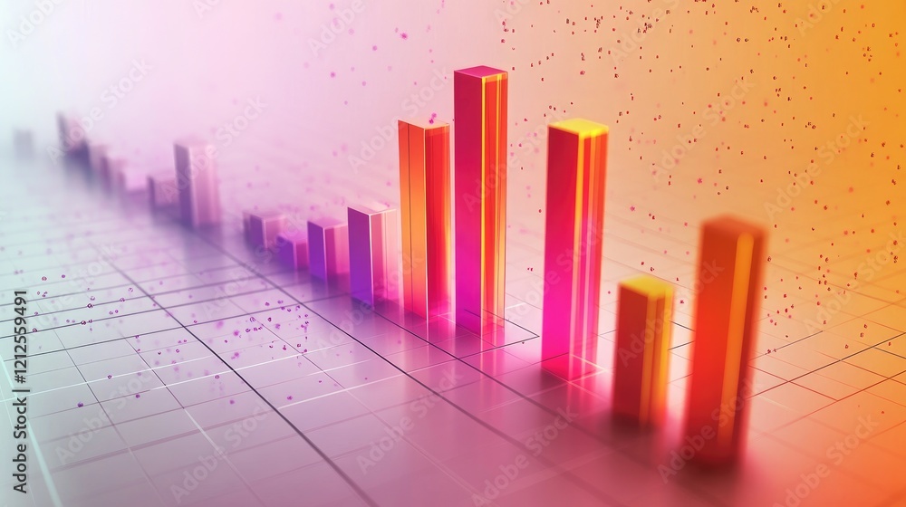 Poster a d bar chart with gradient-colored bars growing from left to right, surrounded by digital particles