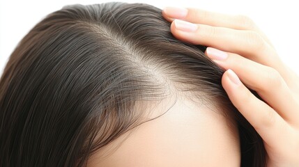 Naklejka premium Young woman dealing with scalp irritation, fingers actively scratching her head, focus on hair texture, isolated on white.