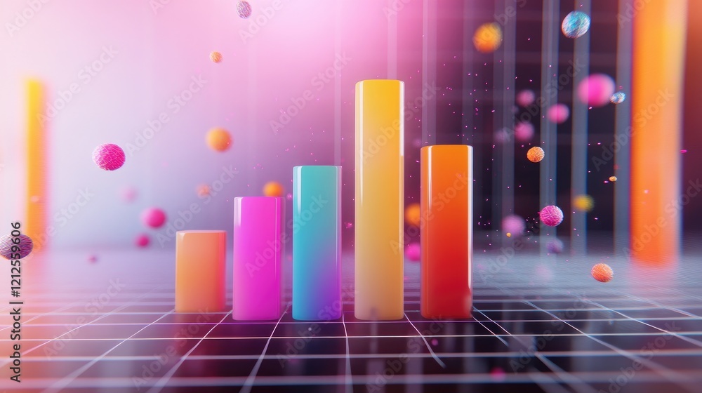 Poster a d bar chart with gradient-colored bars growing from left to right, surrounded by digital particles