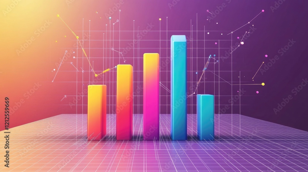 Poster a d bar chart with gradient-colored bars growing from left to right, surrounded by digital particles