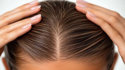 Naklejka premium Young woman scratching her scalp vigorously, cropped view focusing on hair and hand movement, clinical white setup.