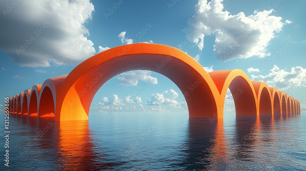 Poster a 3d render showcasing a surreal seascape with red arches and white clouds floating in the blue sky,
