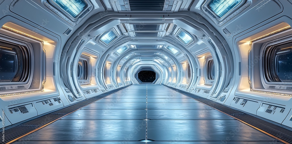 Poster interior design of a futuristic spaceship corridor in 3d render