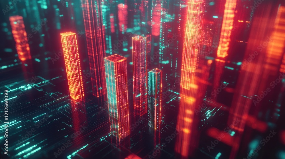 Poster a d bar graph with glowing bars on a futuristic digital interface, surrounded by holographic data po