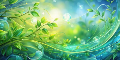 A vibrant abstract background with swirling shapes in shades of green and blue, evoking the feeling of spring growth and renewal