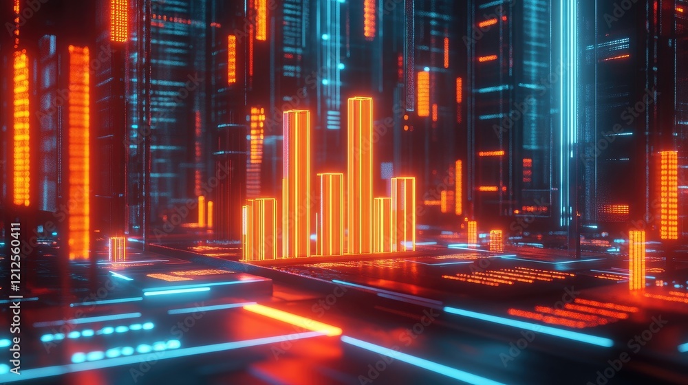 Poster a d bar graph with glowing bars on a futuristic digital interface, surrounded by holographic data po