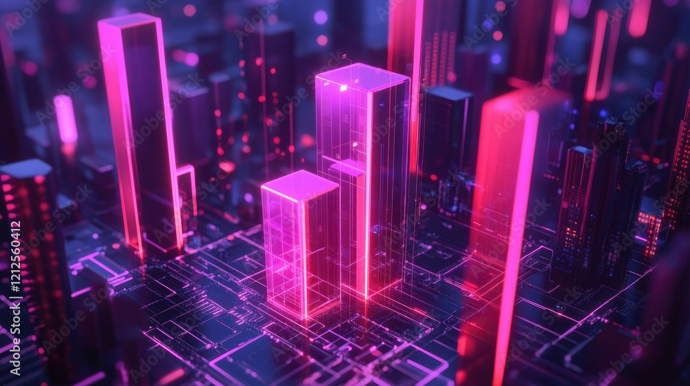 Poster a d bar graph with glowing bars on a futuristic digital interface, surrounded by holographic data po
