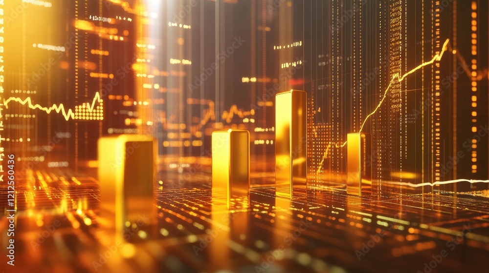 Poster a d bar graph with gold bars rising steadily, surrounded by floating stock data and percentages, sym