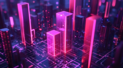 A D bar graph with glowing bars on a futuristic digital interface, surrounded by holographic data points, representing advanced analytics and tech innovation.