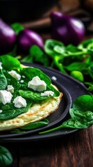 A vibrant spinach omelet topped with feta cheese, surrounded by fresh greens and purple onions, showcasing a healthy, appetizing meal.