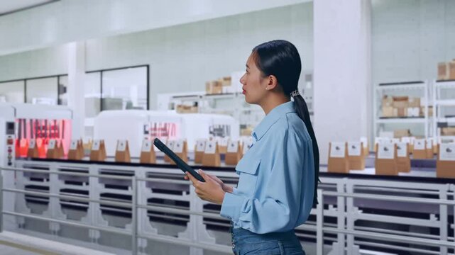Side View Of Asian Female Professional Worker With Conveyor for Packaging Coffee Beans in Bags at Coffee Factory, Observes By Looking Up Before She Come To Concentrating On The Tablet