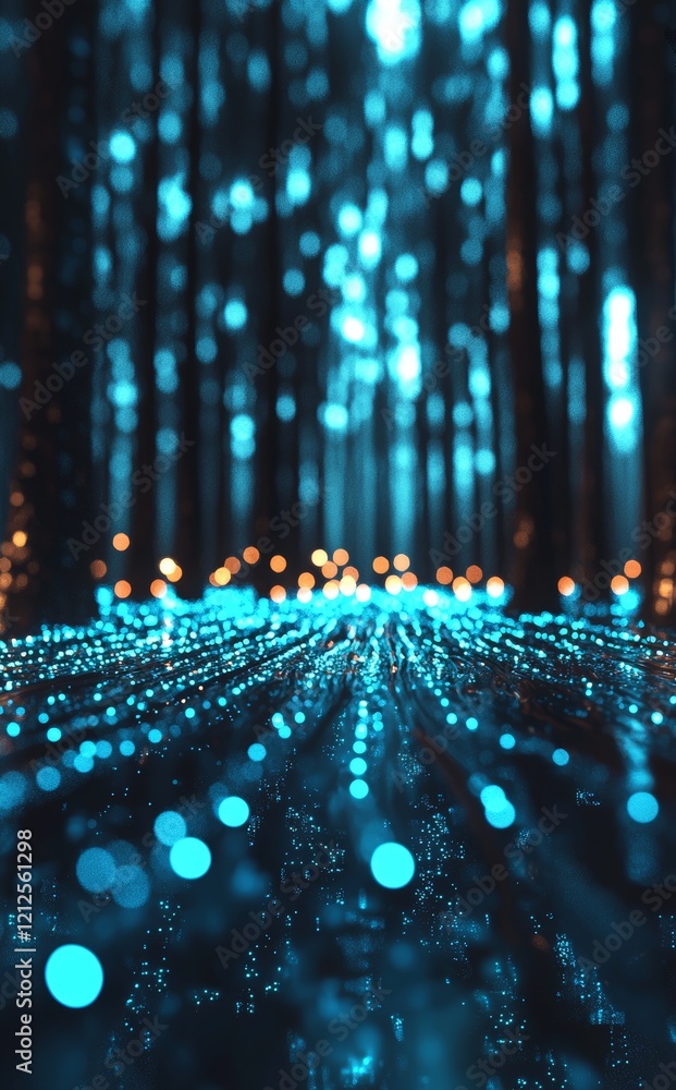 Poster a 3d illustration showcasing a dark futuristic scene with an abstract blue background, a data center