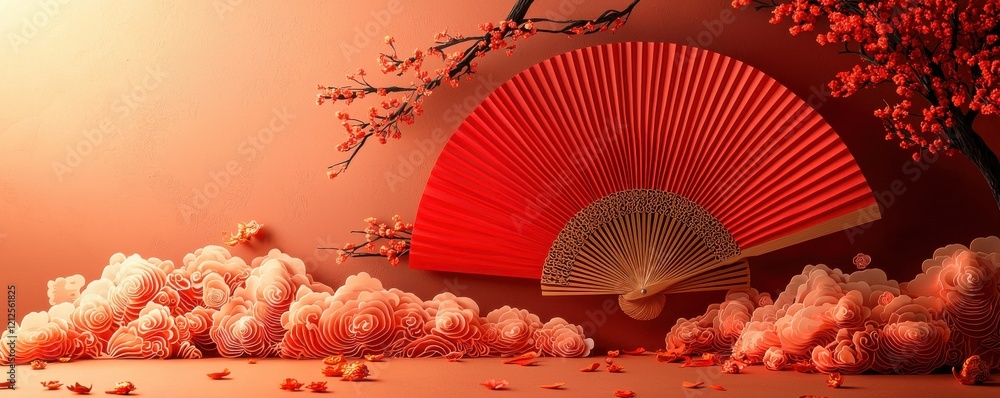 Poster elegant display of a red folding fan with intricate paper-cut designs
