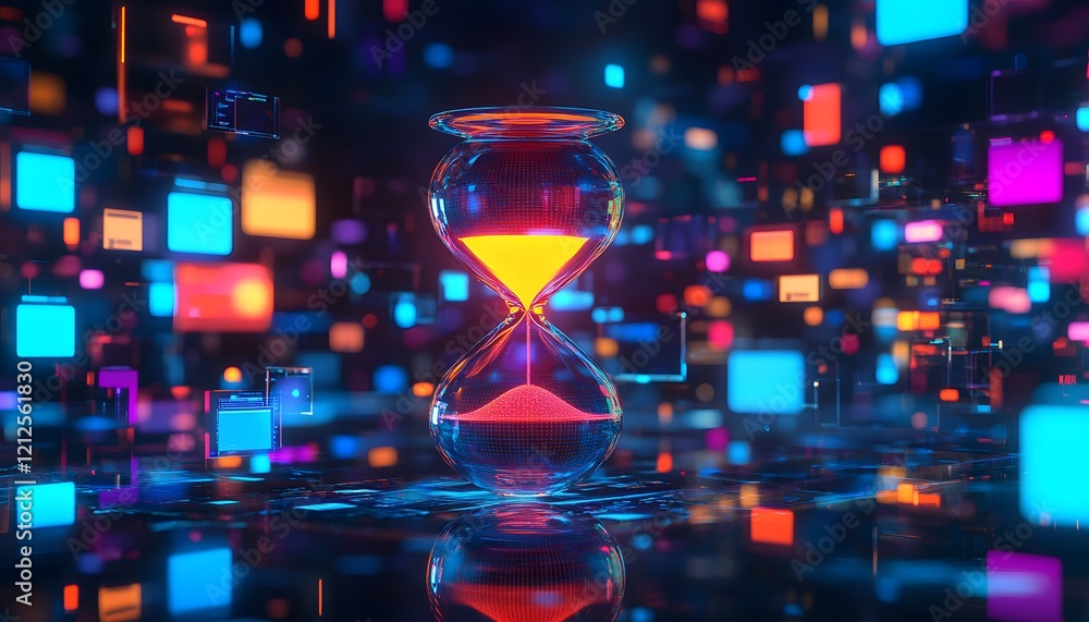 Poster A Stunning Digital Hourglass Amidst a Colorful Array of Neon Lights and Geometric Shapes, Representing Time Management and Technological Progress