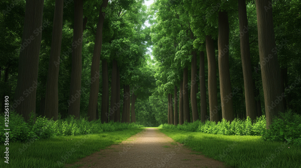 Poster peaceful walking trail surrounded by tall trees and lush greenery creates serene atmosphere in heart