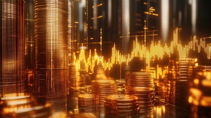 Fototapeta premium A D rendering of gold coins and bars stacked alongside a glowing gold line graph, representing wealth accumulation and market value increases.