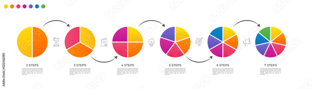 Poster circle division vector infographics icon set from 2 to 7 with arrows. different color circles chart 