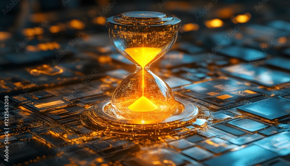 Poster Futuristic Hourglass Concept Capturing the Essence of Time in a High-Tech Digital Landscape with Glowing Elements and Intricate Patterns