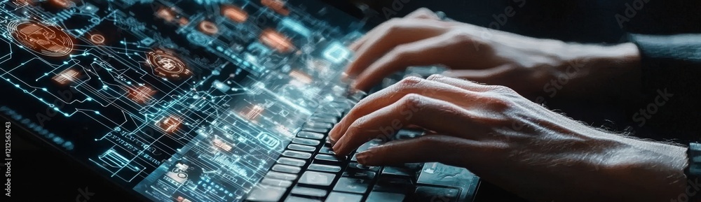 Aufkleber a data scientist and programmer using a laptop to analyze financial data on a futuristic virtual int
