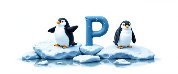 Obraz premium Cute penguins on ice with letter P