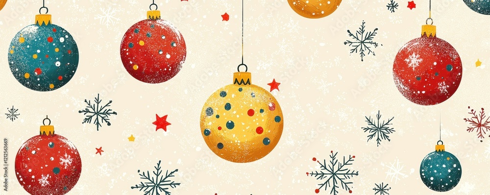 Poster festive christmas ornaments with colorful patterns and snowflake background