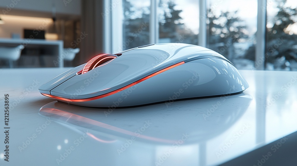 Poster White wireless computer mouse on table.