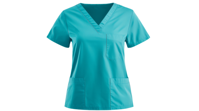 Turquoise scrub top medical attire stylish design, isolated on transparent background
