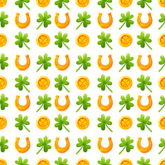 Seamless pattern of gold coins with the image of a shamrock, clover and a golden horseshoe. A repeating pattern depicting gold coins, clover, and horseshoe shamrocks in honor of St. Patrick's Day.