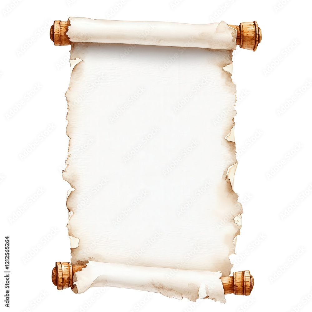 Poster scroll with intricate designs displayed on a wooden surface with a natural background isolated on tr