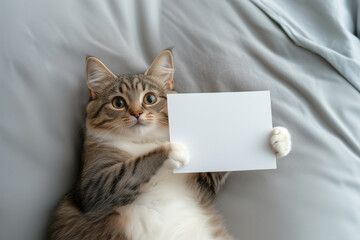 Cute cat with blank sheet of paper on bed