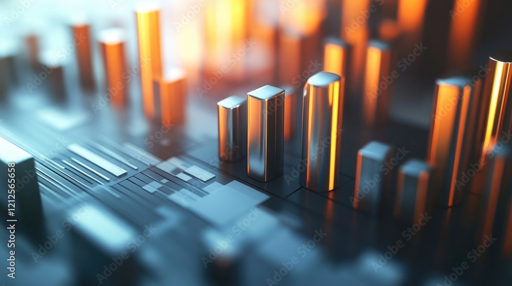 Poster a close-up of a d bar chart displaying financial data with metallic bars, showcasing different metri