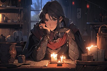 Fototapeta premium anime female rogue in a tavern, illustration