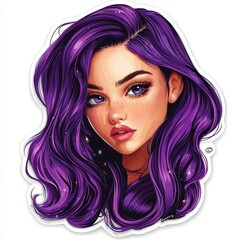 Fototapeta premium Beautiful Purple Haired Girl Portrait with Bold Eyes and Artistic Illustration Style
