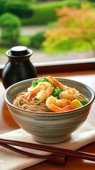 Delicious bowl of shrimp soba noodles garnished with fresh vegetables, set against a serene backdrop of greenery, perfect for food lovers and culinary enthusiasts.