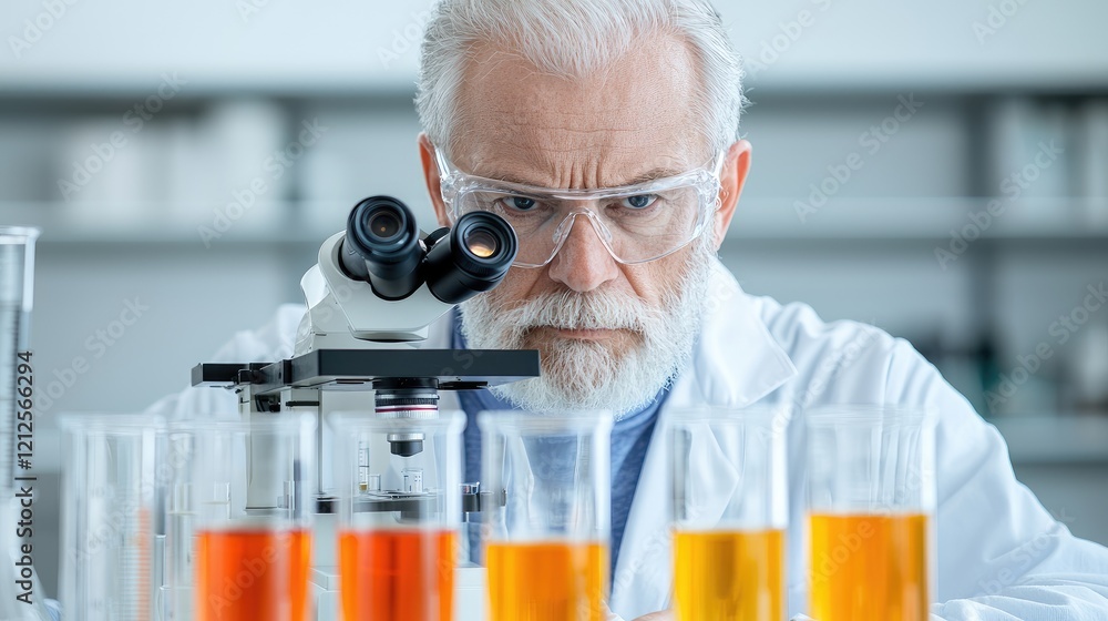 Poster senior scientist examining samples under microscope in lab