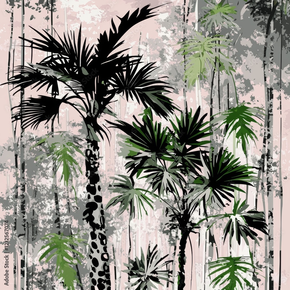 Poster a seamless pattern with abstract minimal tropics. silhouettes of palm trees and a doodle texture bac