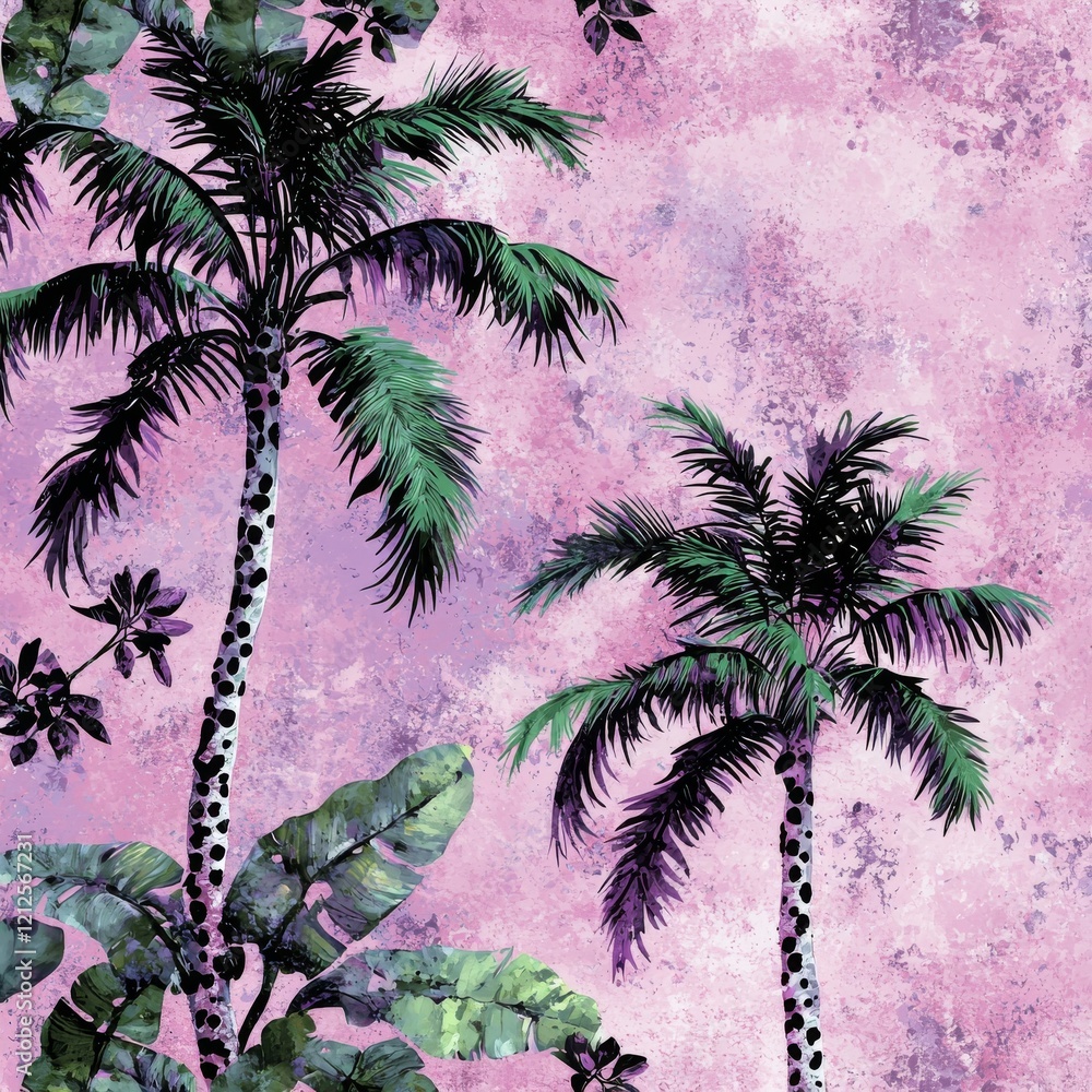 Poster minimal abstract tropics in a seamless pattern. background of palm tree silhouettes and doodle textu