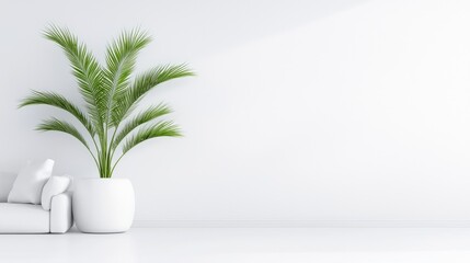 Obraz premium Minimalist living room, white sofa, plant, interior design, empty wall, home decor, website banner