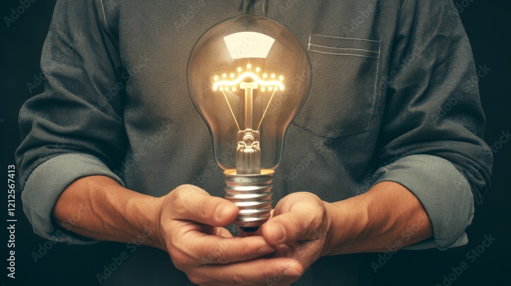 Poster innovation. hands holding a light bulb to signify a new idea, blending concepts of innovation and in