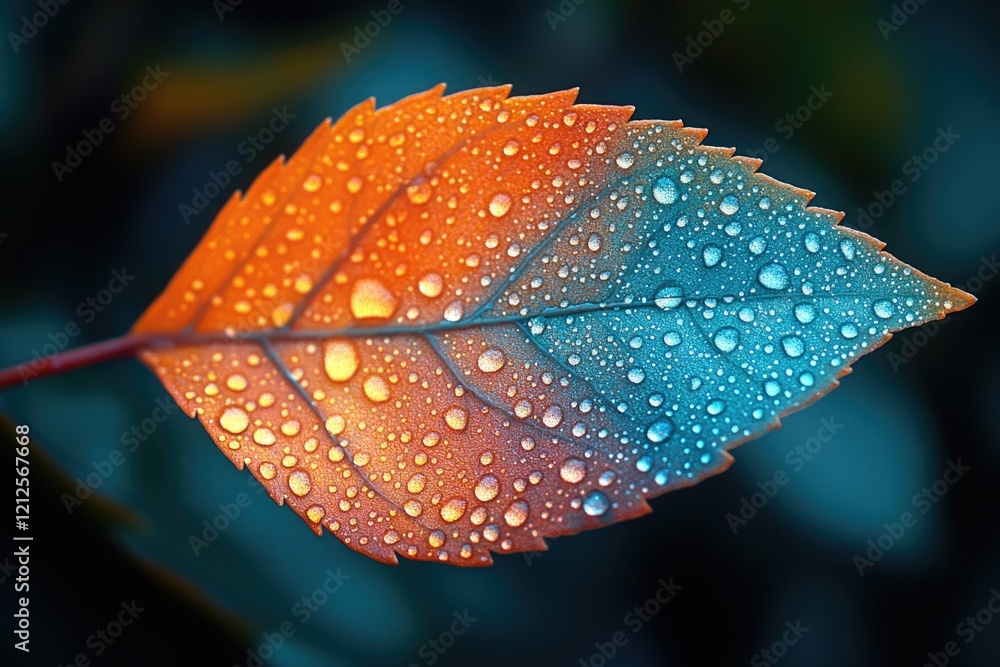 Poster a close-up view of a leaf with water droplets, perfect for use in nature or science-related projects