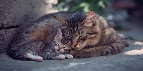 Obraz premium Two domestic cats resting side by side on a surface