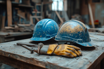 A pair of worn blue construction helmets and yellow gloves are resting on a wooden workbench in a busy workshop filled with tools and materials
