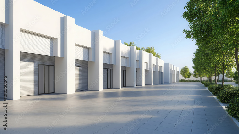 Poster modern commercial building with sleek design and open space, featuring row of storefronts and greene