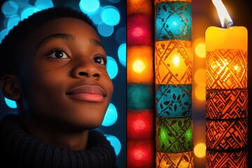 A young boy holds a lit candle in front of a decorated Christmas tree