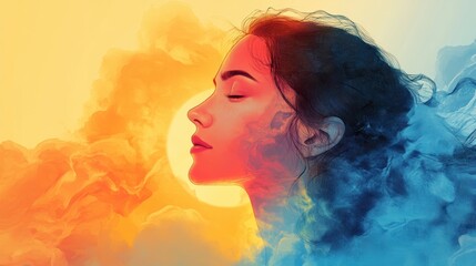 The ethereal portrait of a serene woman surrounded by colorful clouds, symbolizing a harmonious balance between warm and cool elements in a digital artwork