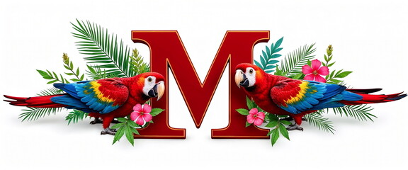 Tropical parrots with red letter M and exotic flowers