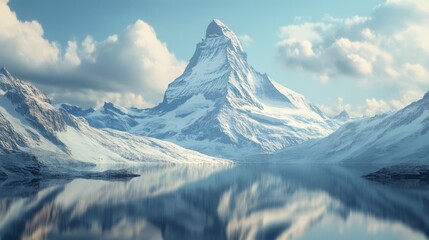 Peaceful Winter Landscape with Snowy Mountains and Reflective Lake – Christmas Holiday Background