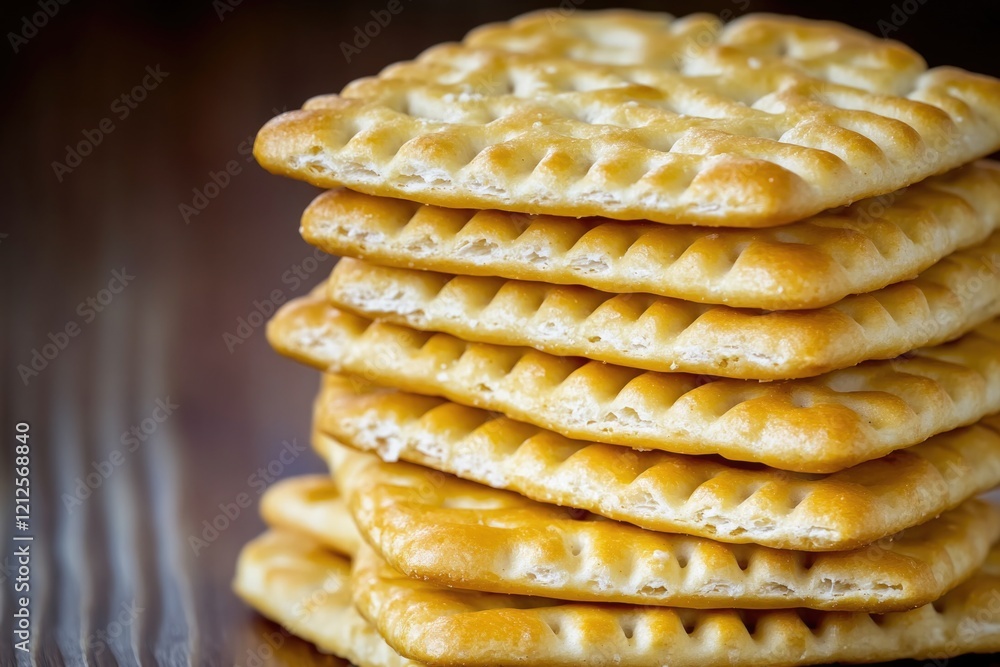 Poster a stack of crackers sitting on a wooden table, perfect for snacking or serving at your next gatherin