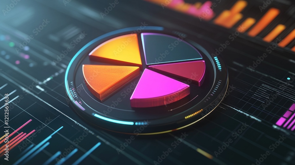 Poster a close-up of a sleek d pie chart with colorful segments floating above a futuristic interface, repr